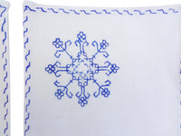 S/12 Vintage Linen Coasters or Napkins, Hand Embroidered Blue Snowflake Pattern