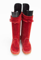 Vintage Italian Made Boho Cherry Red Suede Fringed Moccasin Tall Boots Western Native Boots approx Sz 4.5 - 5