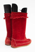 Vintage Italian Made Boho Cherry Red Suede Fringed Moccasin Tall Boots Western Native Boots approx Sz 4.5 - 5
