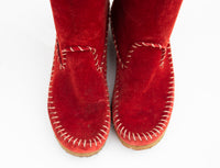 Vintage Italian Made Boho Cherry Red Suede Fringed Moccasin Tall Boots Western Native Boots approx Sz 4.5 - 5