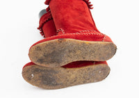 Vintage Italian Made Boho Cherry Red Suede Fringed Moccasin Tall Boots Western Native Boots approx Sz 4.5 - 5