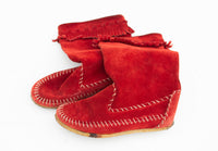 Vintage Italian Made Boho Cherry Red Suede Fringed Moccasin Tall Boots Western Native Boots approx Sz 4.5 - 5