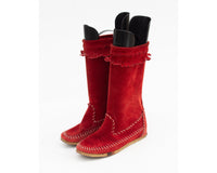 Vintage Italian Made Boho Cherry Red Suede Fringed Moccasin Tall Boots Western Native Boots approx Sz 4.5 - 5