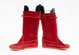 Vintage Italian Made Boho Cherry Red Suede Fringed Moccasin Tall Boots Western Native Boots approx Sz 4.5 - 5