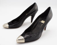 Punky Vintage Metal Captoe Black Leather Rocker Pumps by Allure Made in Spain Sz 6 N