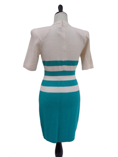 1980s Vintage St. John by Marie Gray Turquoise Cream Stripe Knit Dress shopnueve 1980s Vintage St. John by Marie Gray Turquoise Cream Stripe Knit Dress shopnueve