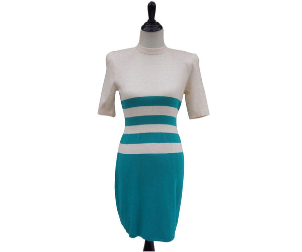 1980s Vintage St. John by Marie Gray Turquoise Cream Stripe Knit Dress Sz 4