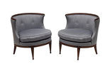 Tufted Blue Silk Klismos Chairs, Pair
