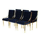 Blue Velvet and Brass Dining Chairs, S-6
